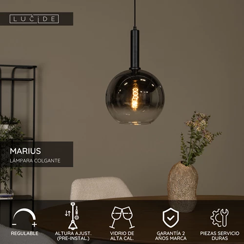 Lucide MARIUS - Lámpara colgante - Ø 30 cm - 1xE27 - Negro - USP